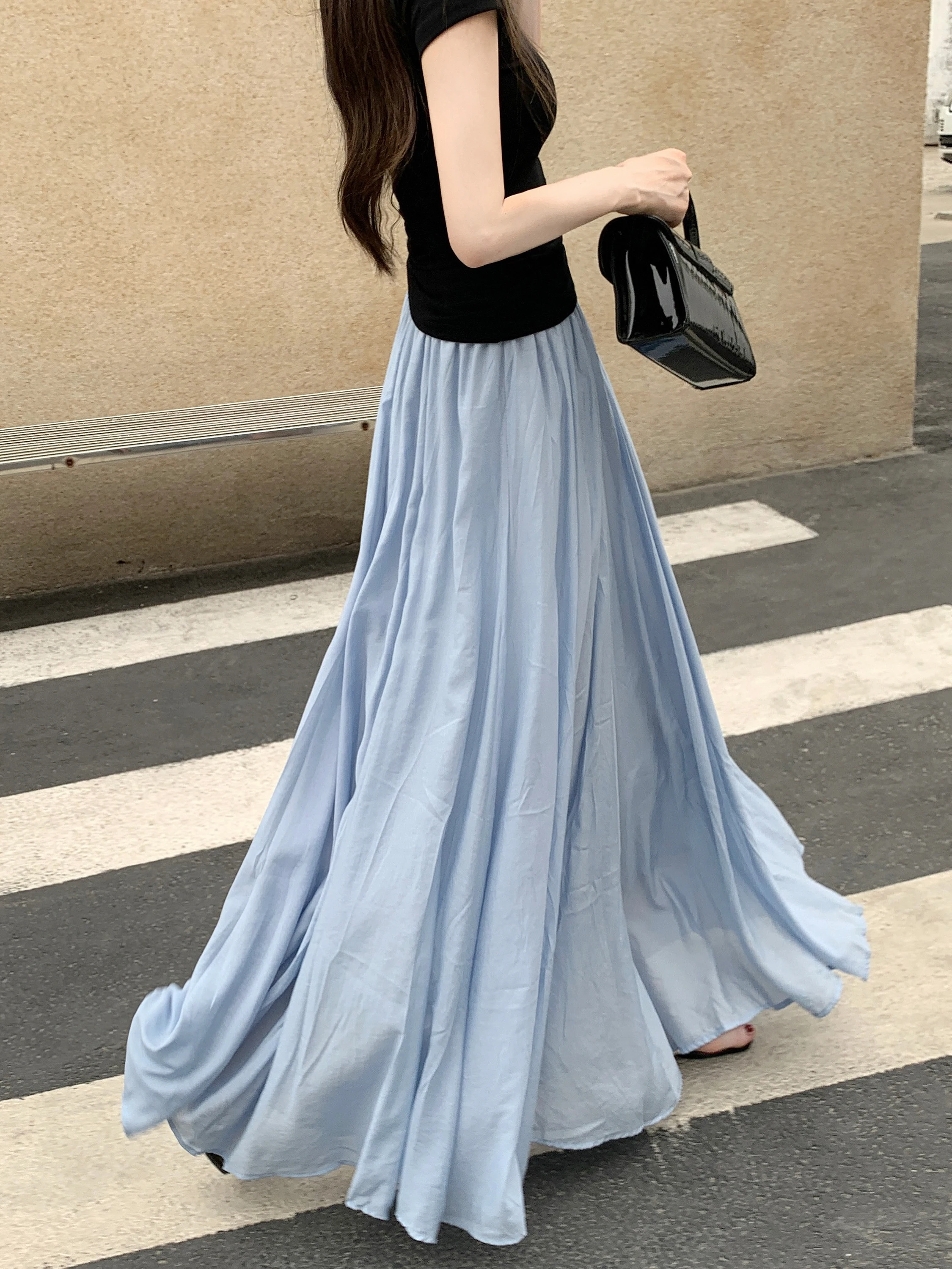 

Summer Lightweight Cotton Linen Maxi Skirt Women's Casual Elastic Waist Pleated Yamanaka Skirt A-Line Silhouette