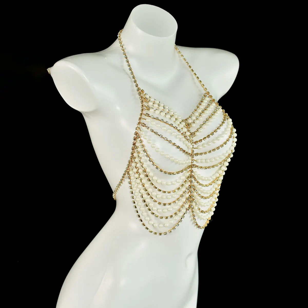Stage Show Fashion Faux Pearl Rhinestone Body Jewelry Shimmer Simple Party Bra Chain Accessories