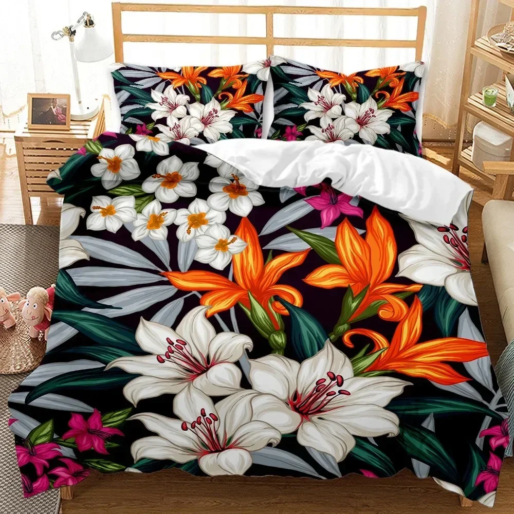 Floral Duvet Cover Set, Spring Season Pastoral Flowers Botany Bouquet Field Nature Theme Art Soft Polyester Bedding Set