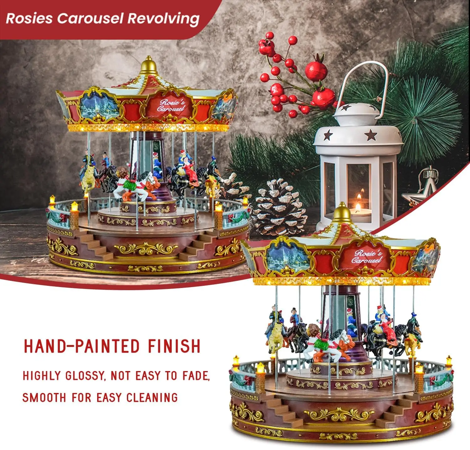 حلقة دائرية موسيقية لعيد الميلاد مقاس 14 بوصة مع أضواء LED، مشهد واقعي لديكور المنزل الاحتفالي