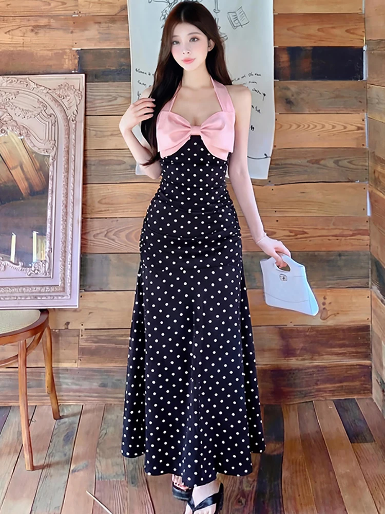 2026 Black Polka Dot Patchwork Pink Bow Neck-mounted Sexy Dress Women Vintage Luxury Gown Summer Korean Elegant Bodycon Vestidos