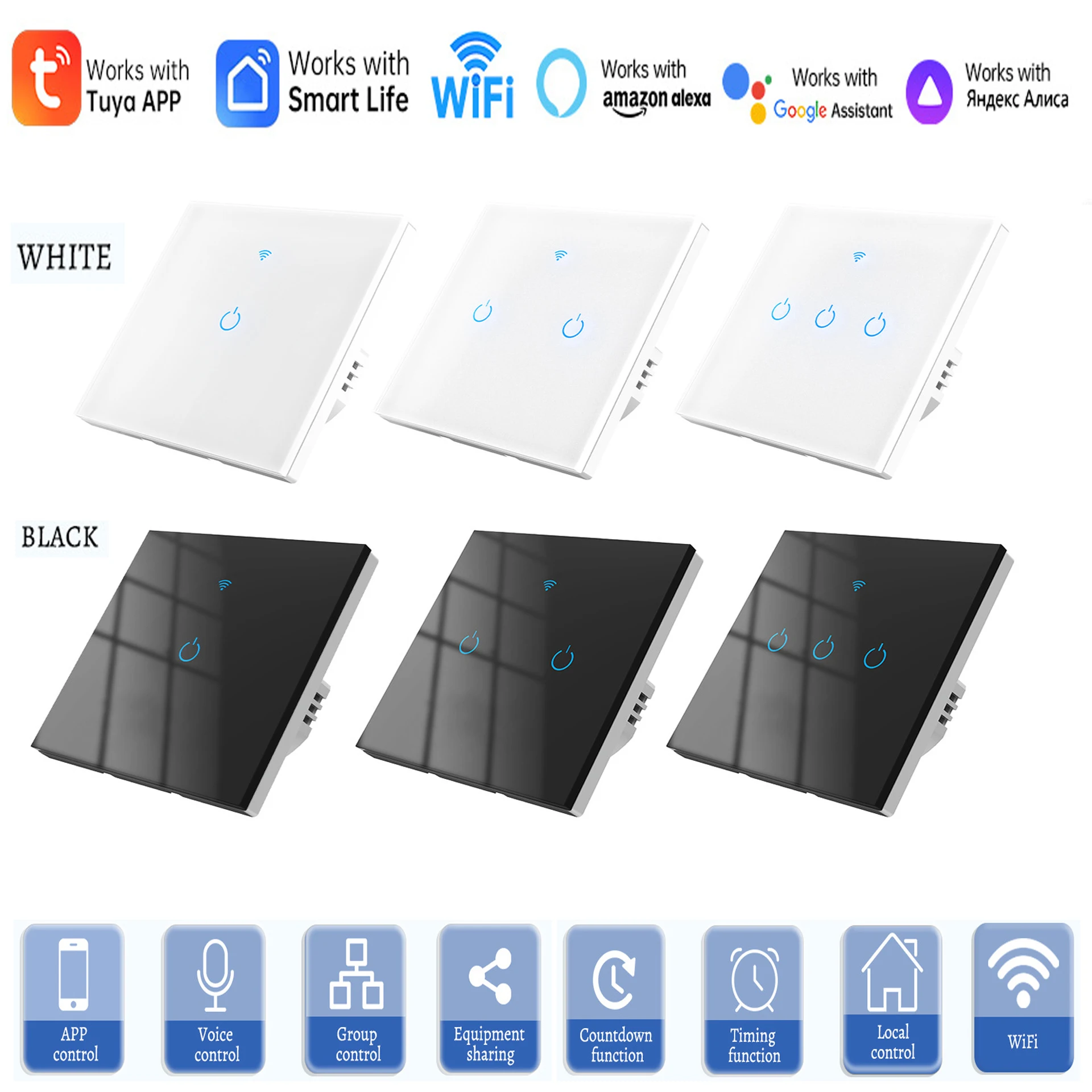 

Умный сенсорный Wi-Fi выключатель Tuya EU с голосовым управлением Alexa для настенного монтажа, с поддержкой Wi-Fi и одним фазовым проводом