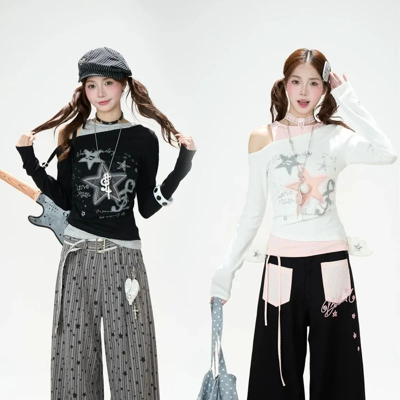 Kimotimo Sweet Star Print Fake Two Piece Crop Top Women Autumn Off Shoulder Patchwork Slim Fit T-shirts Harajuku Y2k Grunge Tees