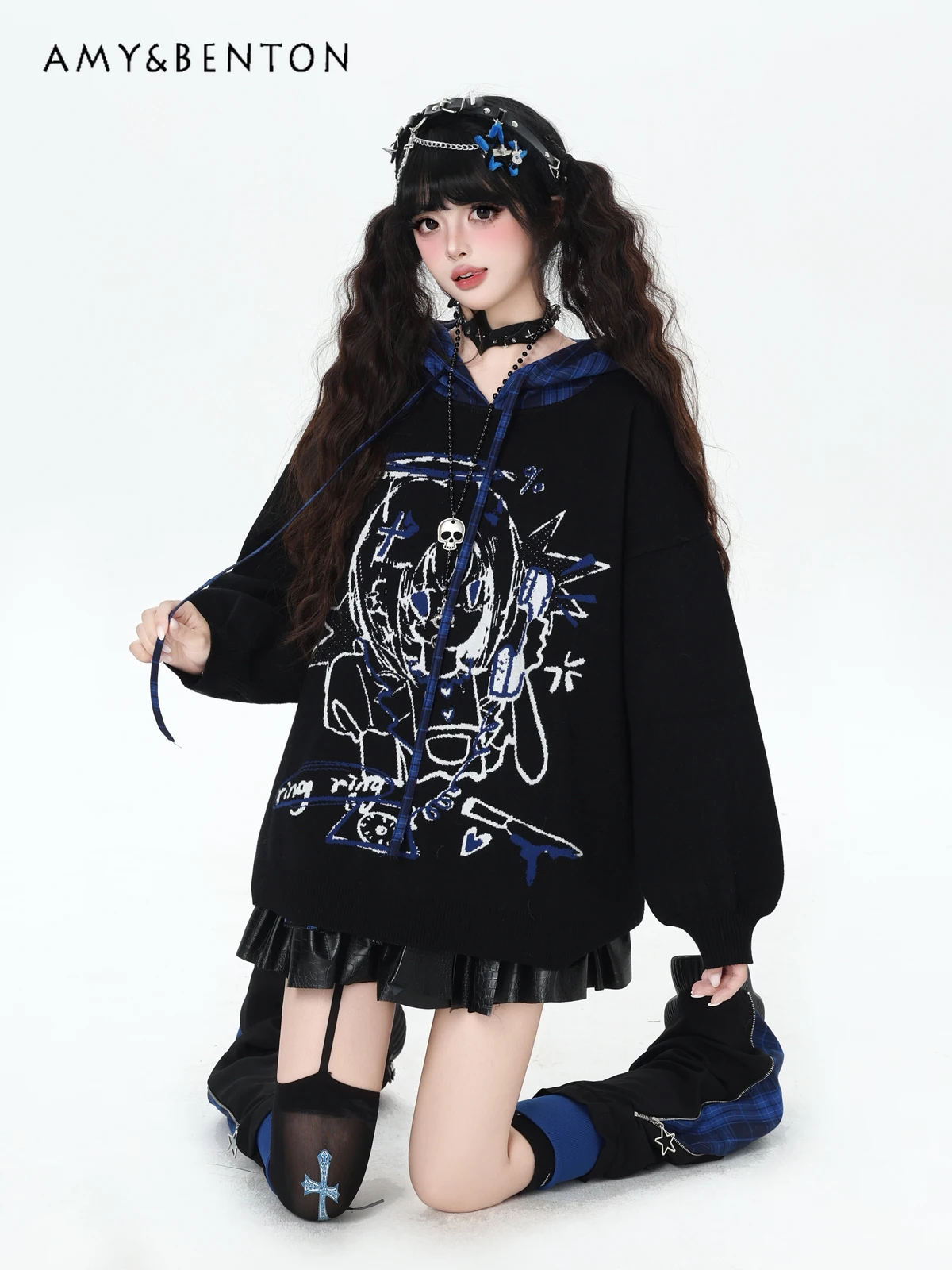 

Original Japanese Subculture Anime Print Hooded Sweater for Women New Autumn Winter Harajuku Style Gothic Loose Casual Sweater