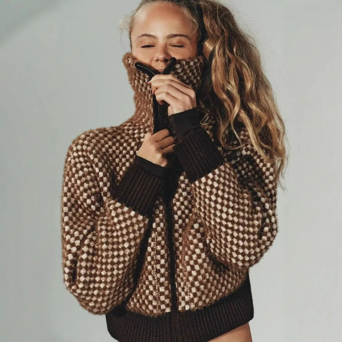 Women's Winter Knitted Pilots Jacket Coat Artificial Fur Effect Patchwork Medium Thickness Long Slee