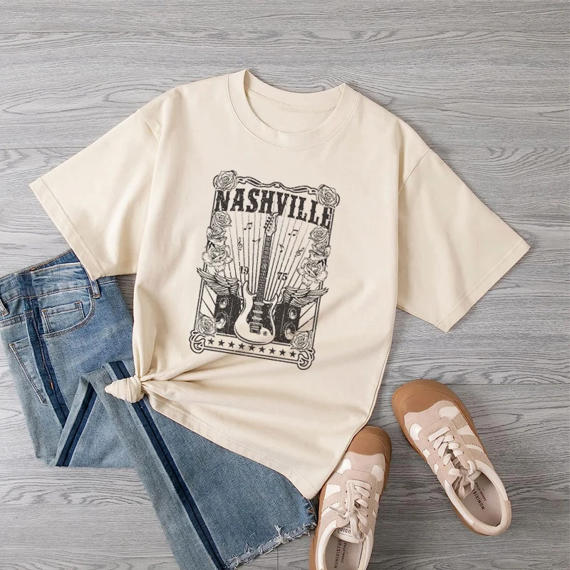 Women's Country Music Tee Shirt 70s Retro Nashville Concert T Shirts Oversized Guitar Printed T-Shirts Vintage Tennessee Tops