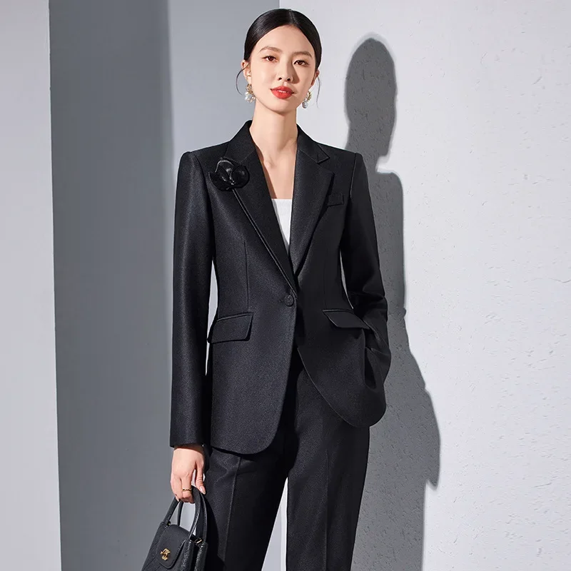 Pop Women Blazer Pants Sets Apricot Appliques Two Pieces 2024 Autumn Work Wear Trousers Formal Solid Color Long Sleeve Tops Pant