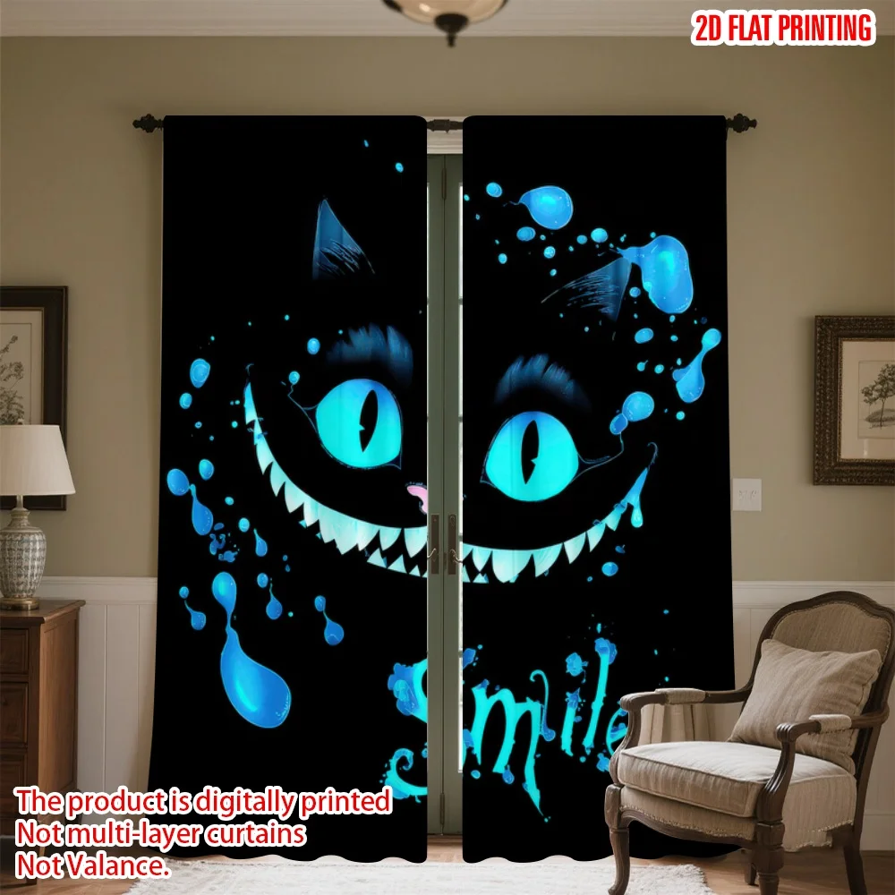 

2D flat printing 2pcs Window Curtains Glowing Cheshire Cat Smile Digital Printed Polyester Drapes All Season Party & Holiday
