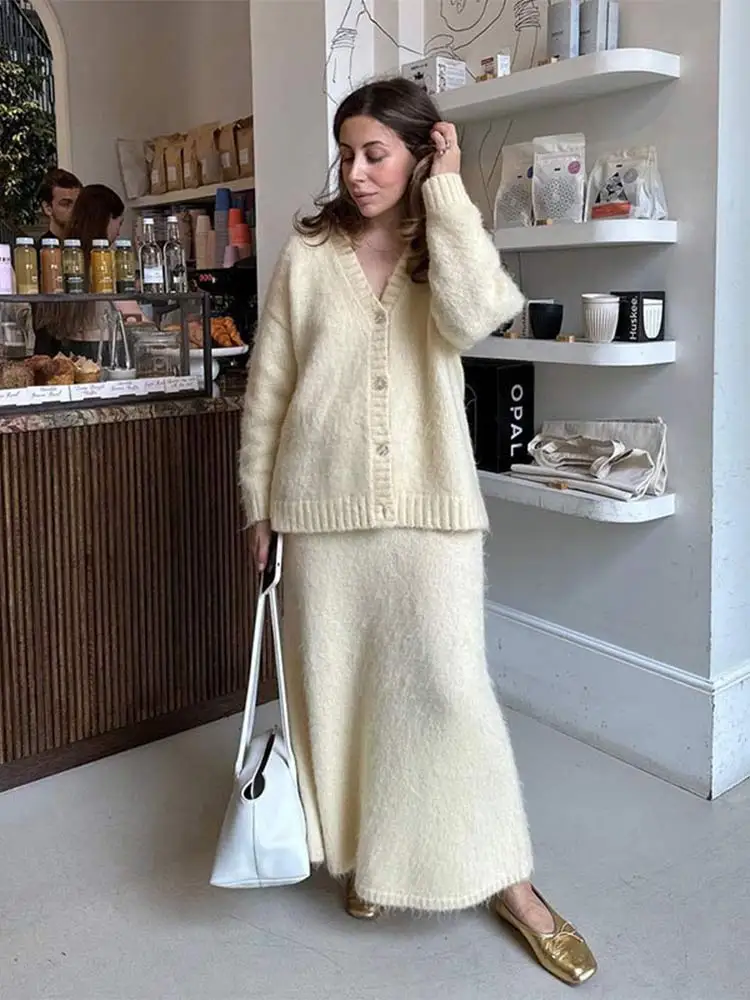 Elegant Single Breasted Mohair Knitted Cardigan Suit Women Chic Solid High Waist Cashmere Midi Skirt Set 2024 Lady Casual Outfit