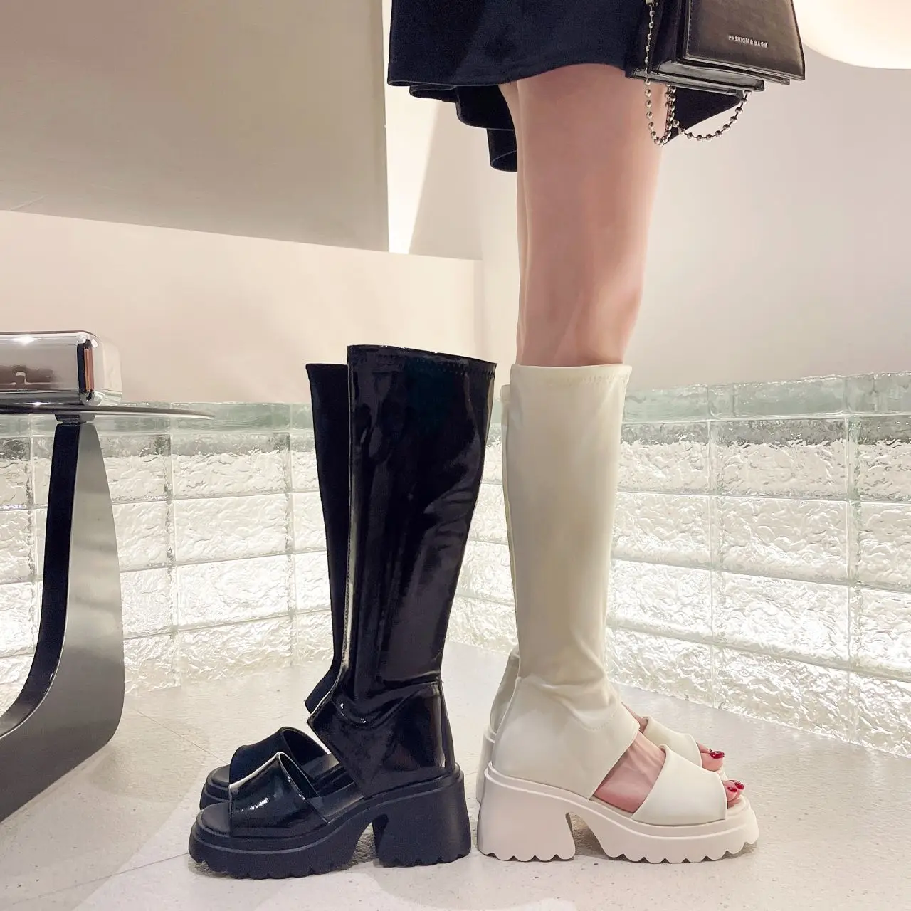 Open Toe Platform Women Sandals 2023 Summer New High Heels Knee High Boots Korean Elastic Cloth Sandals Ladies Thick-soled Shoes