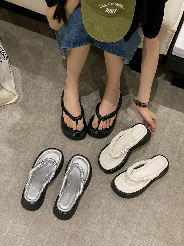 2023 Summer New Trendy Silver Slippers for Women Fashion Outerwear Platform Flip Flop Beautiful  Y2k Ladies Shoes