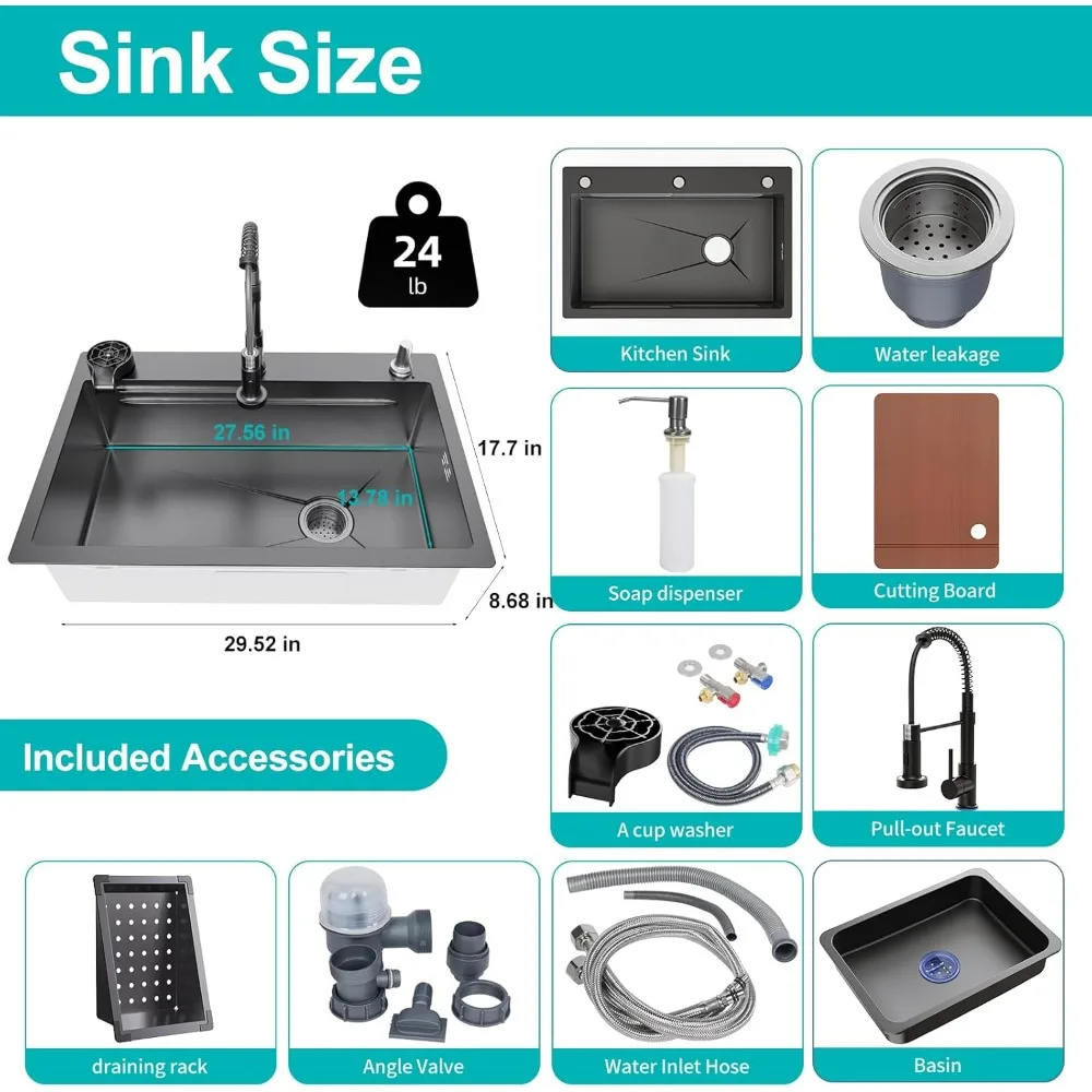 29.5 x 17.7 inch Kitchen Sink, Single Bowl Stainless Steel Multifunctional Drop In Sink with Pull-Down Faucet