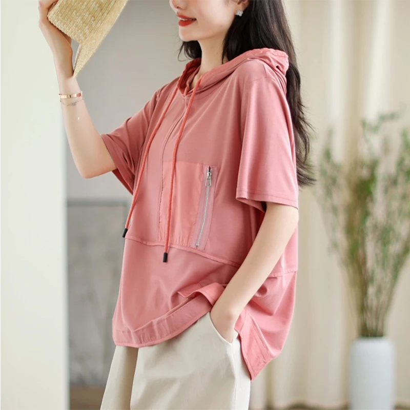 Masss Wasss Summer Fashion Loose Hooded Tops Ladies 2026 Japanese Vintage Soild T-Shirts Womens Classic Leisure Elegant Clothes