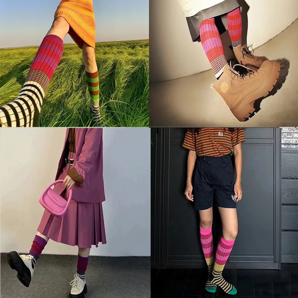Autumn Winter Ins Fashion for Woman Gradient Striped Colorful Retro Calf Socks Cotton High Tube Soft Sport Women's Casual Socks