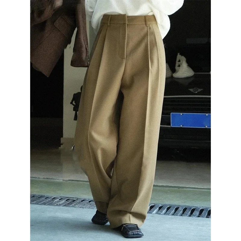 2023 Autumn Winter Simple High Waist Double Pleated Wide Leg Pants Women Loose Casual Trousers Female White/Brown