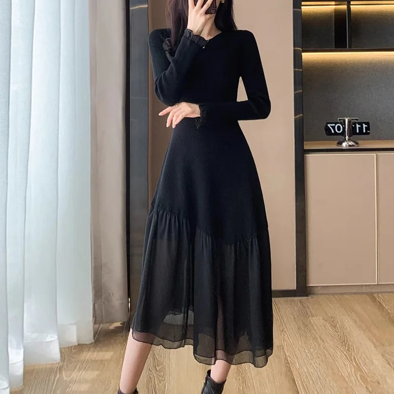 Vendita calda donne nero Patchwork vestito in maglia per la primavera autunno 2023 nuova moda o-collo sottile femminile lungo fondo maglione abiti