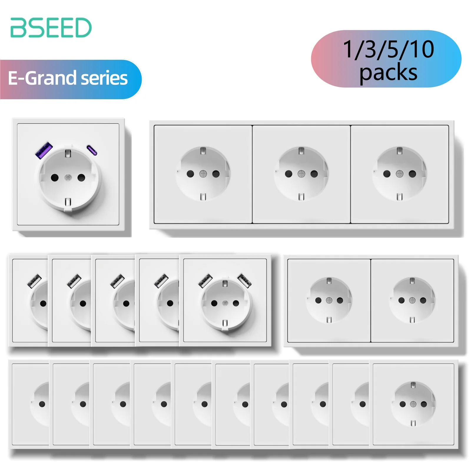 bseed-e-grand-series-wall-power-socket-electrical-outlets-20w-fast-charge-usb-type-c-charge-port-plastic-frame-white