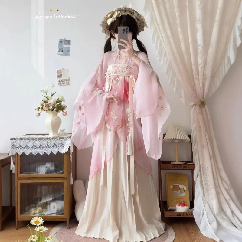 Tang-made Hanfu women's new improved water sleeve one-piece chest-length embroidered pleated skirt daily spring and summer suit