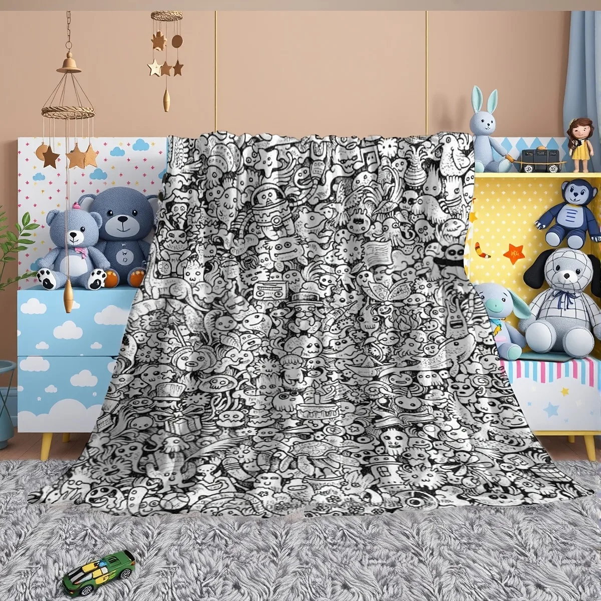 Cartoon Doodle Element Print Throw Blanket, Cozy Versatile Shawl for Sofa Bed Office Camping Travel