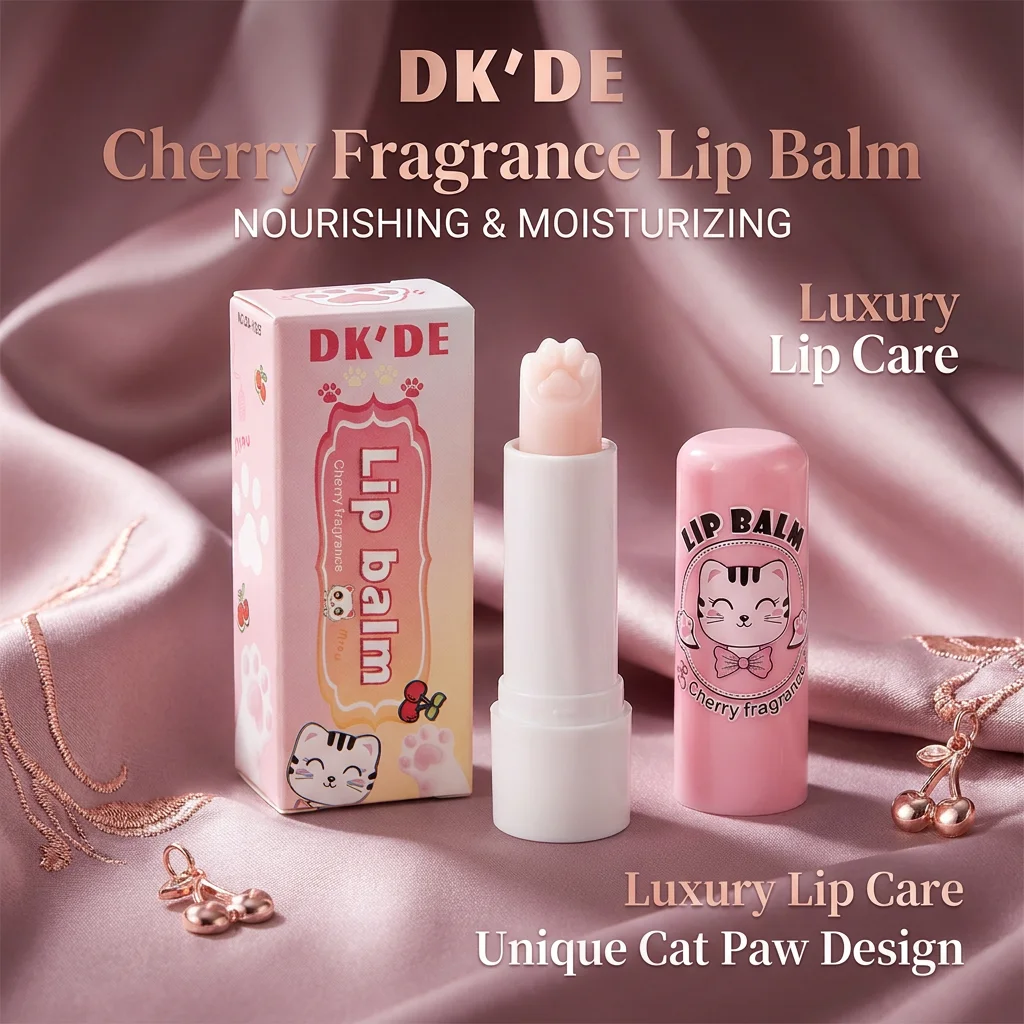 DKDE Cherry Lip Balm Prevent Chapped Lips Waterproof Long-Lasting Moisturizer Cat Paw Brush Design Soft Nourishing Lipstick Base