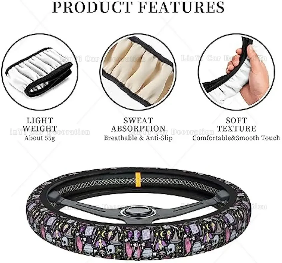 Cute Steering Wheel Cover for Women Girls Halloween Purple Magic Witch Witchcraft Sweat Absorption Auto Steering Wheel Cover
