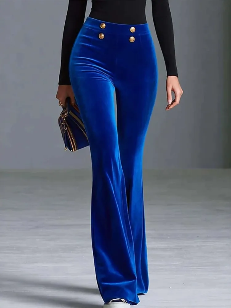 Women Solid Color Velvet Flare Pants Autumn High Waist Gold Button Decor Bell Bottom Trousers Elegant Office Lady Casual Pants