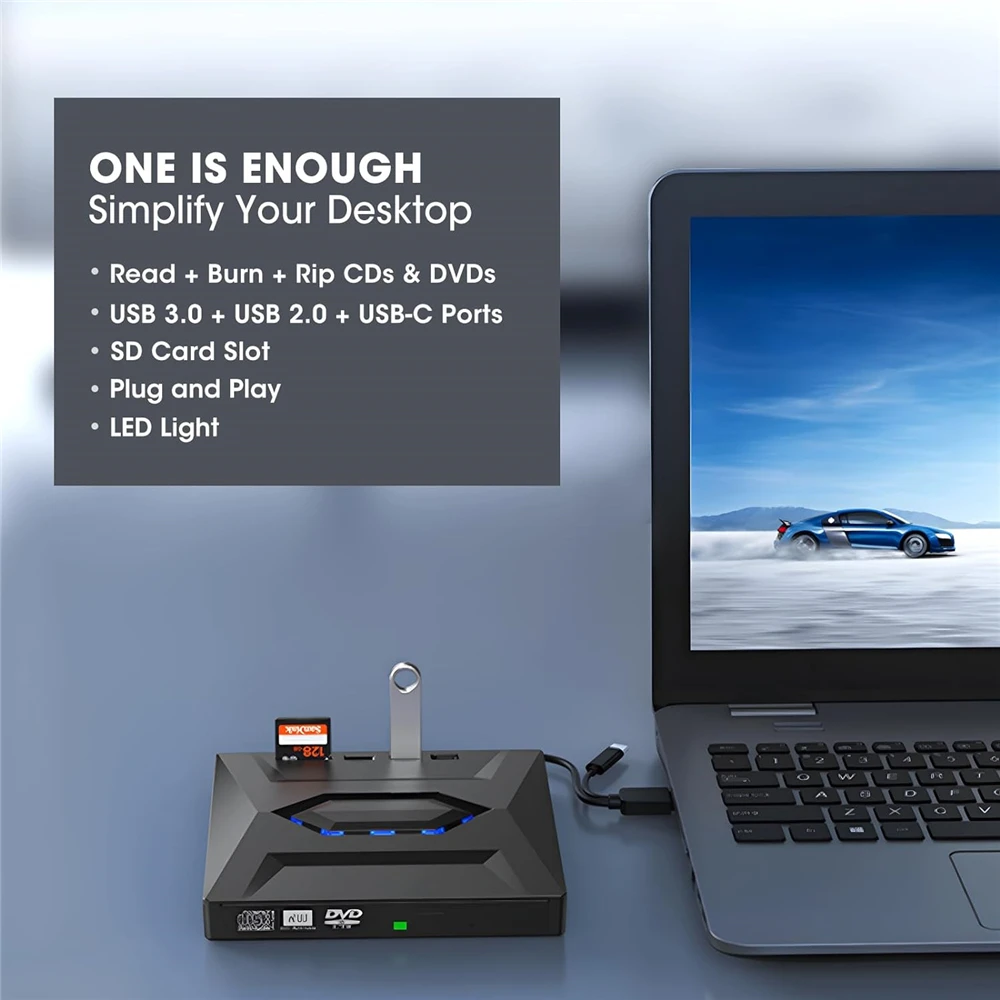 USB 3.0 Typ C Externes CD-DVD-Laufwerk mit USB HUB Typ-C SD-Kartenleser, CD DVD RW ROM Disk Player Brenner Leser Writer Adapter – Detail 10