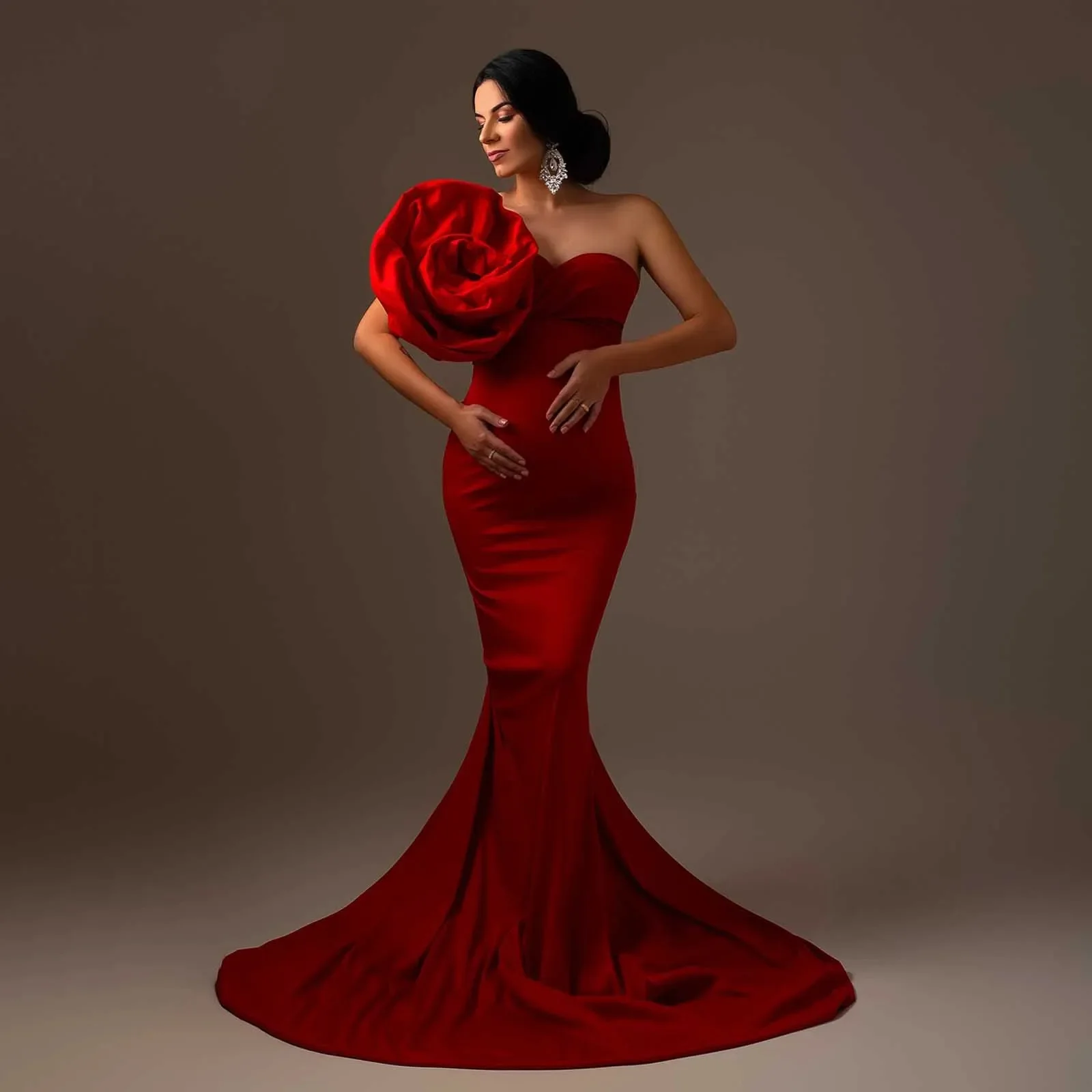 

Linda Red Mermaid Maternity Dress for Photoshoot Flower Ruffles Pregnancy Robe Babyshower Party Wear Photography Customized