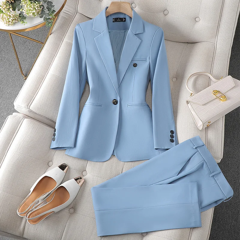 Blue Suits for Women 2025 Fashion Long Sleeve Office Lady Single Button Blazer Chic High Waisted Pants 2 Piece Set Korean