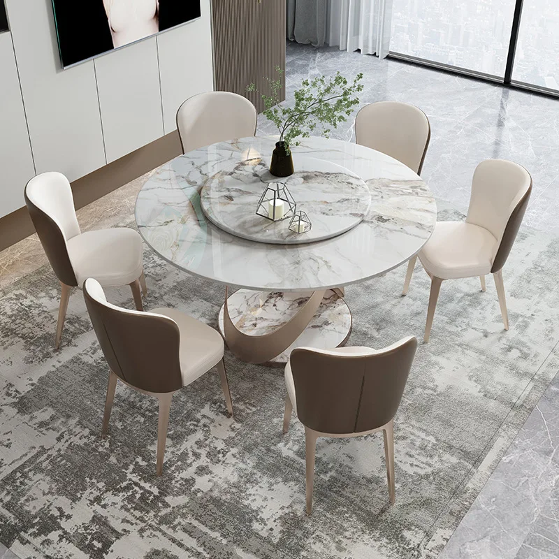 Italian minimalist rock slab round dining table with turntable modern multi-person use light luxury home north