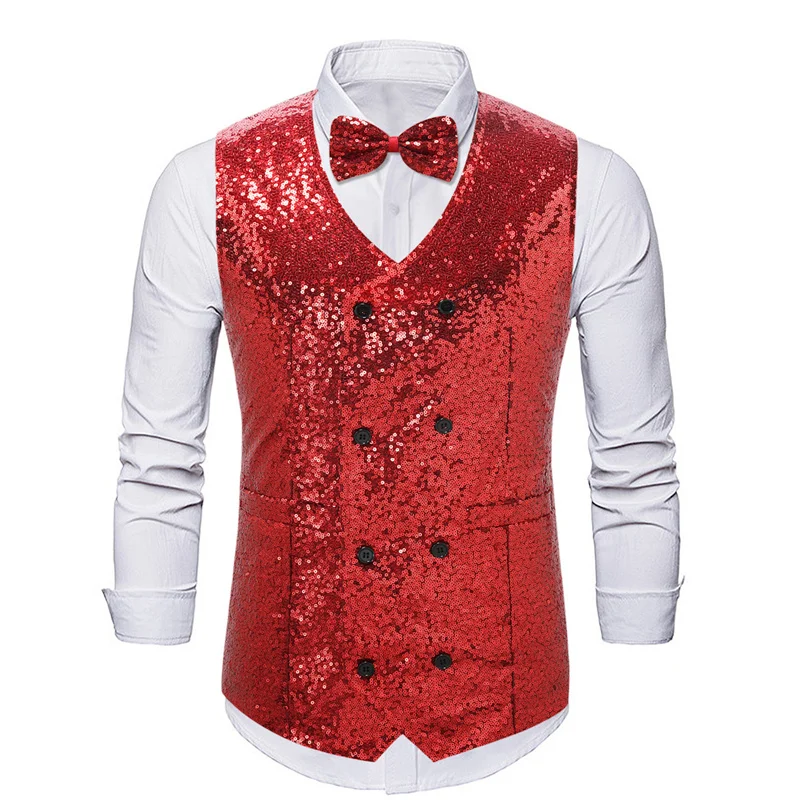 New Men Luxury Double-breasted Sequins Suit Vests Loose Splicing Tops Fashion Singer Stage Performance Dress Waistcoat