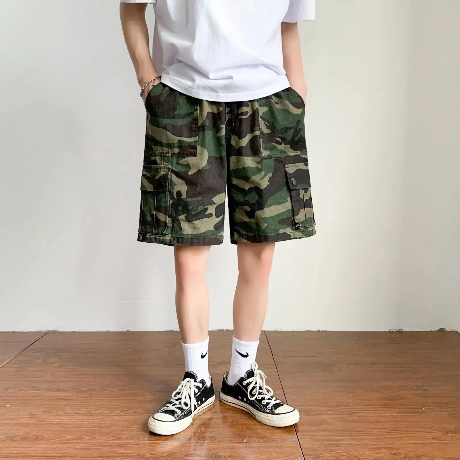 Cargo Shorts Men Casual Loose Daily Summer Drawstring Camouflage Large Pocket Knee-length Japanese Style Fashion All-match Chic