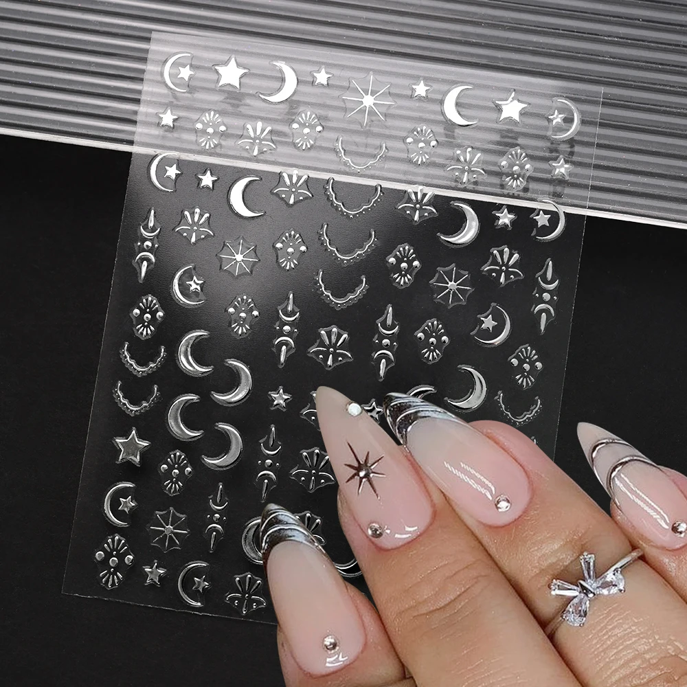 1 pz argento francese tasse/linea/stella/luna/amore adesivi per nail art 3D cascata/frangia cursore autoadesivo decalcomanie per manicure di lusso *