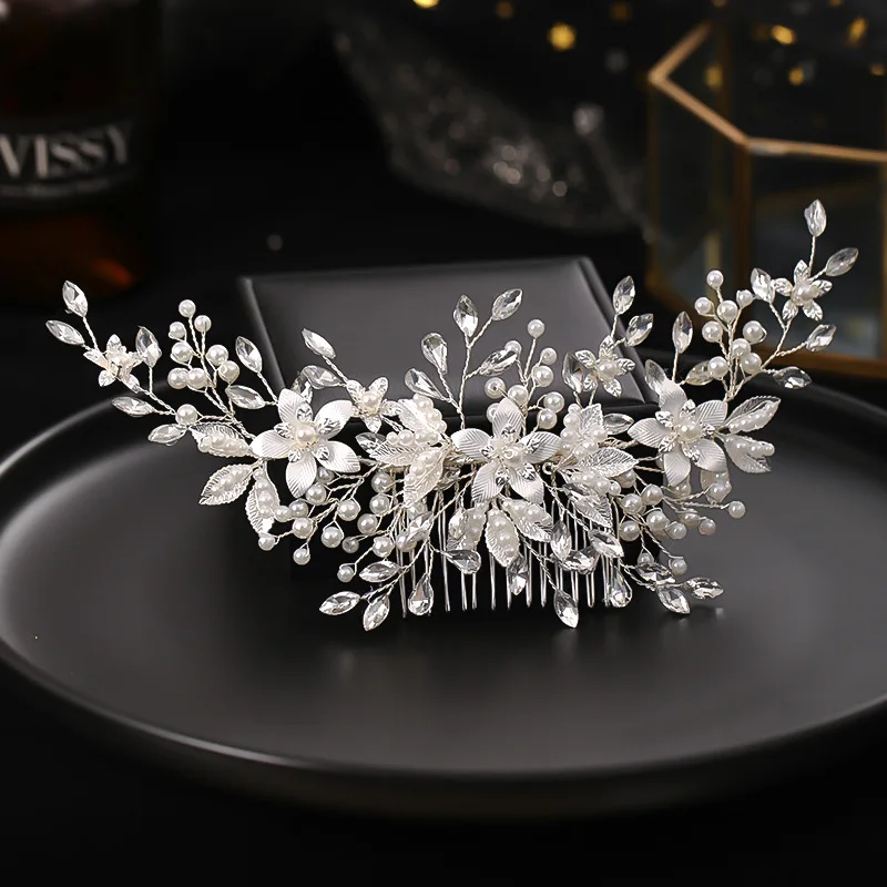 Silver Color Hair Comb Bride Tiaras Headdress Floral Pearl Hairpin Girls Prom Crown Wedding Hair Jewelry Party Gift For Women