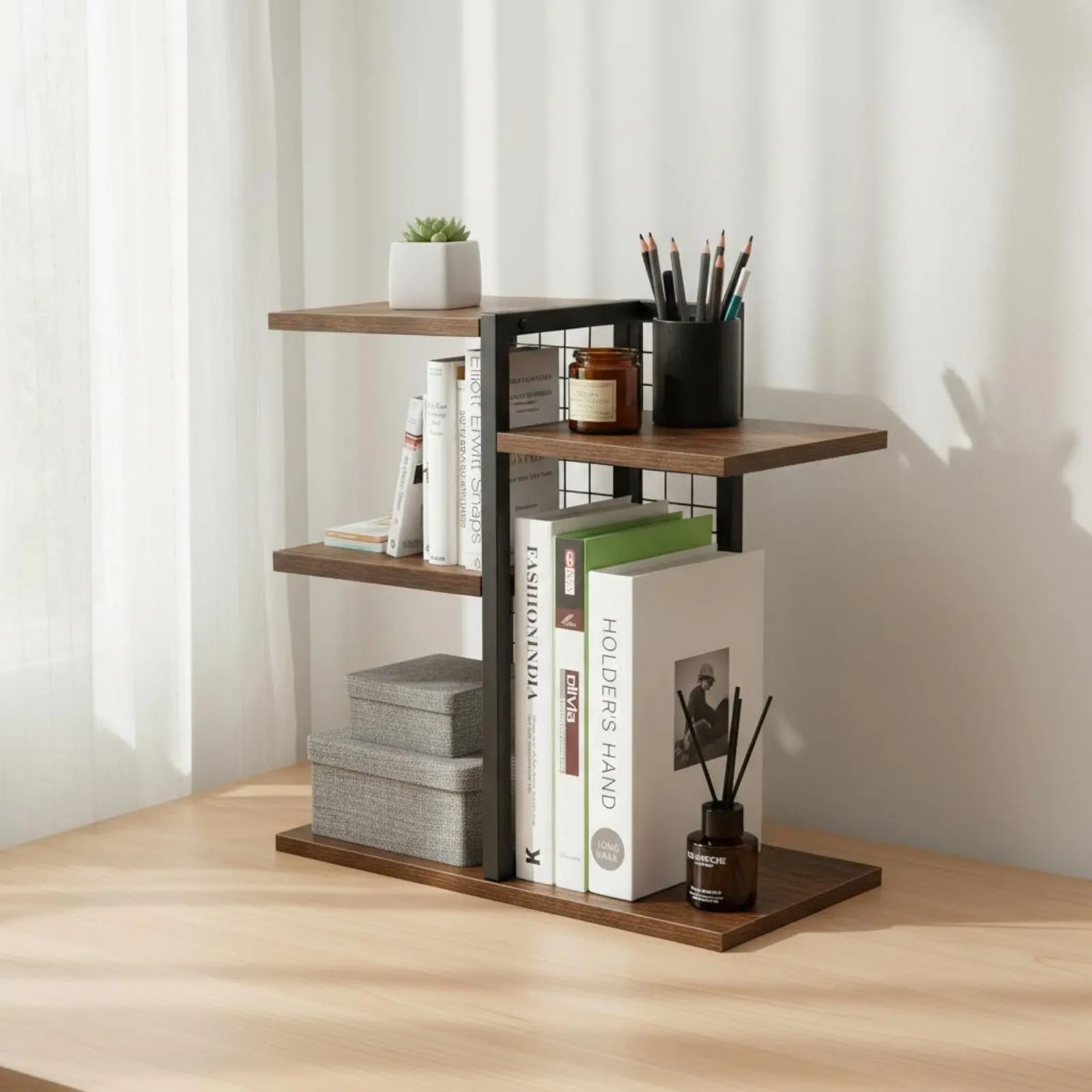 Desktop Display Organizer Rack Space-Saving Wooden Desktop Shelf Vertical Storage Rack Multi-Tier Table Display Stand for Office