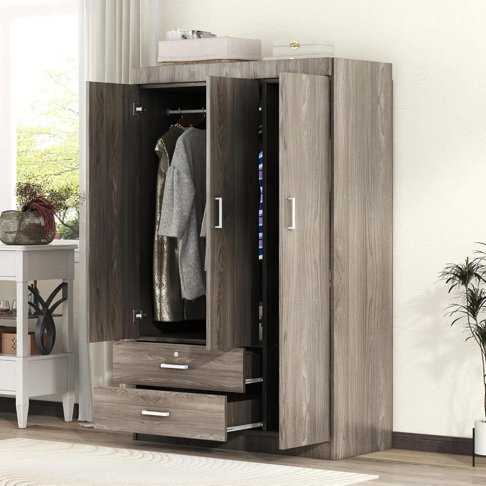 

3 Doors Armoire Closet Select, Large Freestanding Armoire Wardrobe Cabinet with 2 Drawers, Wood Grain Effect in Gray,Wardrobes