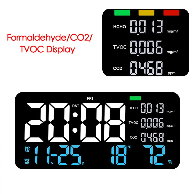 

Multi-Functional Digital LED Wall Clock with HCHO/CO2/TVOC Display Wall Hanging Date Week Temp and Humidity Display Alarm Clock