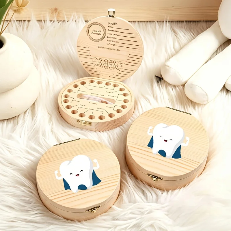 1PCS 2D Wooden Tooth Keepsake Box Commemorative Storage Teeth Fetal Hair Birth Souvenir Birthday Halloween Christmas Gift