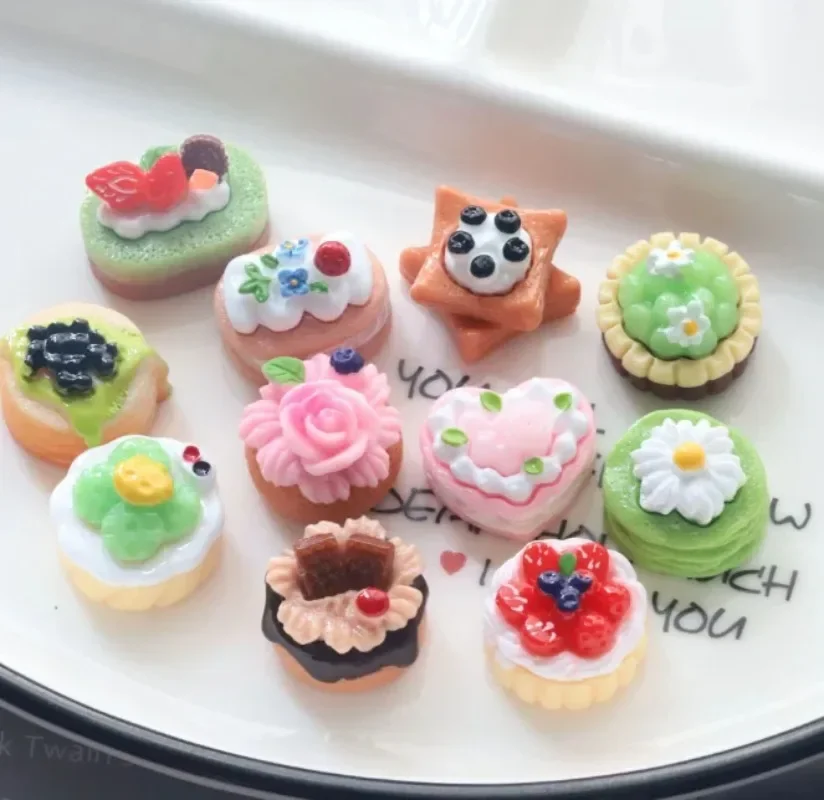 10Pcs Kawaii Simulation Cake Resin Flatback Charms, Fake Food Mini Figurines, Craft Embellishments for DIY Handmade Decor