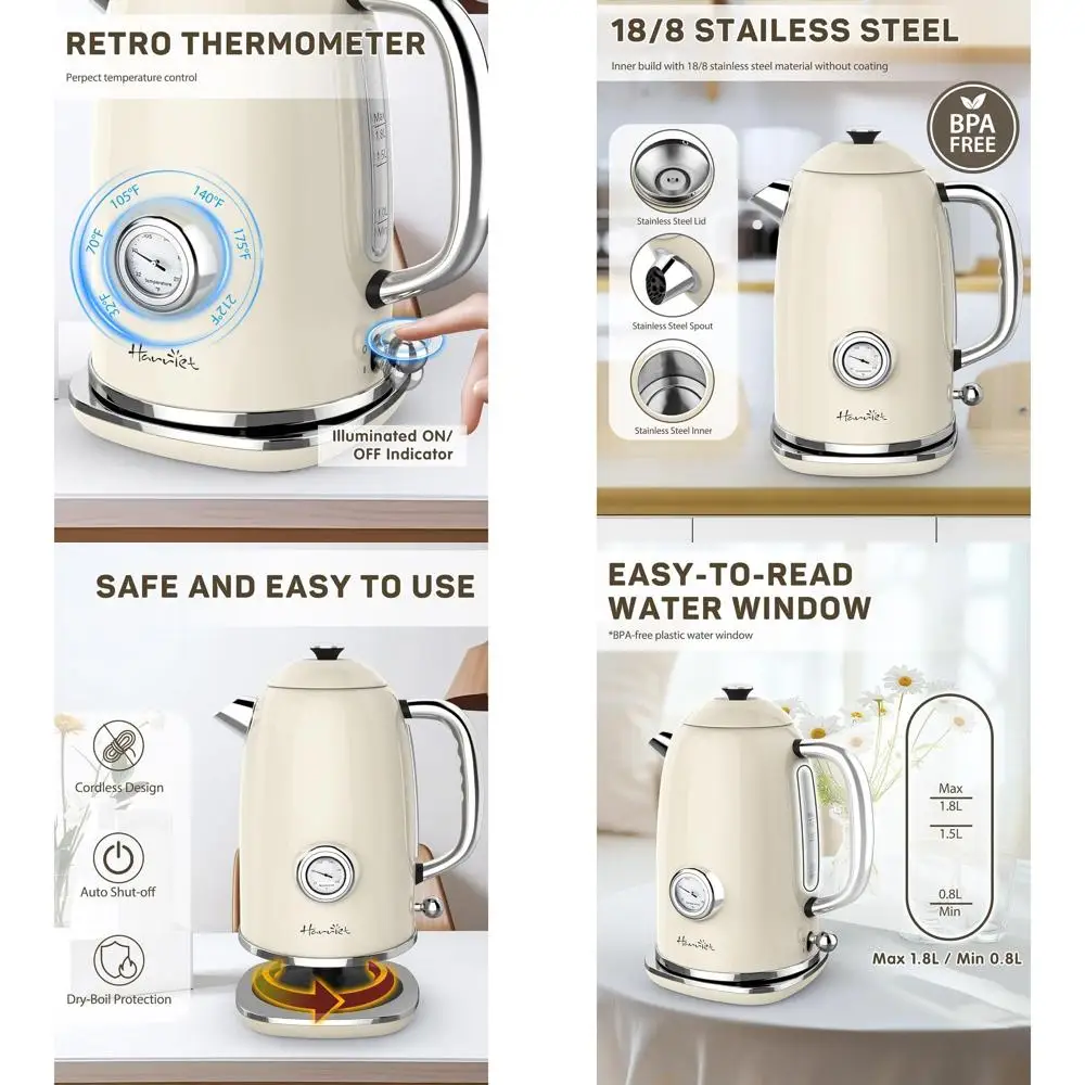

1.8L Vintage-Style Electric Kettle with Thermometer, 1500W Stainless Steel, LED Indicator, Fast Boil, Cordless, Auto-Off, Beige