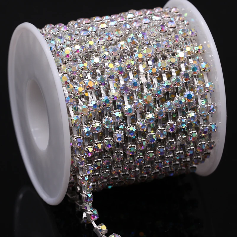 6ss-38ss Crystal AB rhinestones Silver chain 10Yard/roll Single Row Crystal Rhinestone sparse Cup Chain