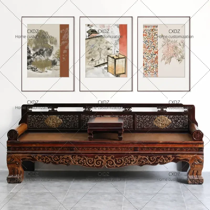 New Chinese Retro Classic Old Elm Arhat Bed Solid Wood Carved Single Sofa Bed for Living Room Sleeping Furniture