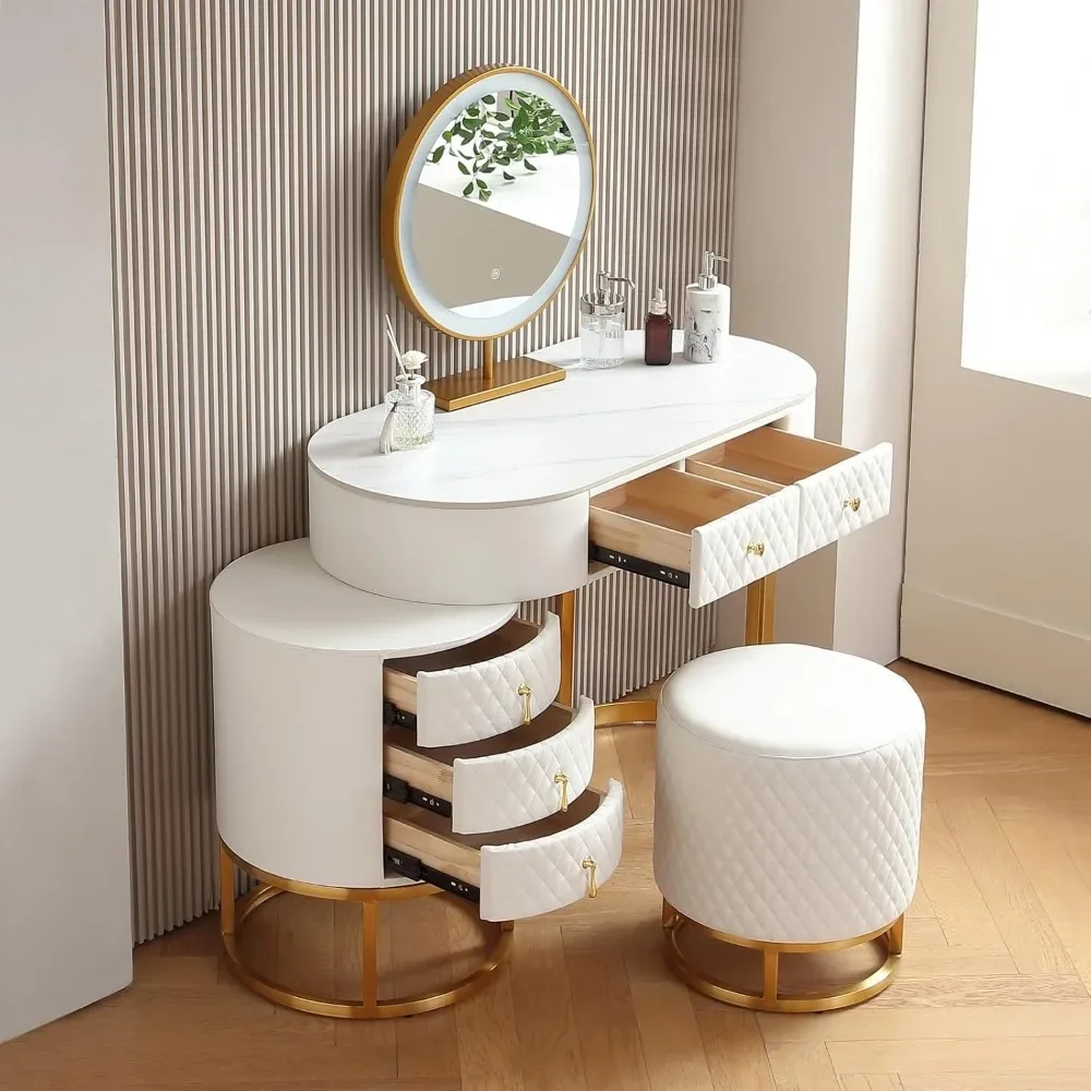 Premium White Faux Leather Vanity Desk Set with Integrated LED Mirror, Comfy Stool and Multifunctional Drawers, White Desk