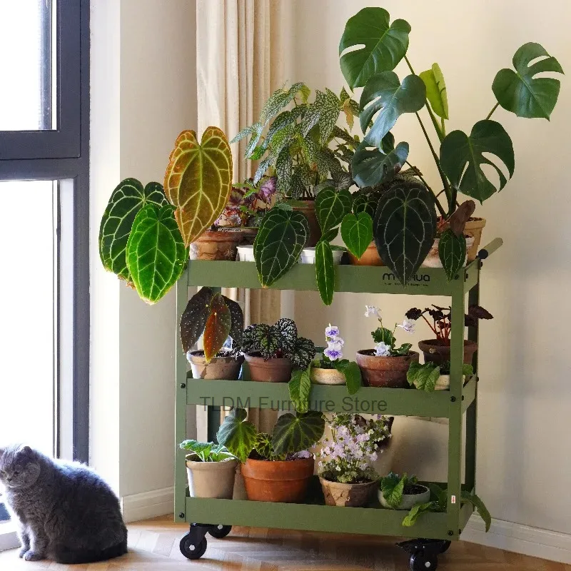Utility Trolley,Modern Industrial Style Plant Stand, Rolling Side Cart for Multi-Functional Kitchen, Living Room & Balcony Decor