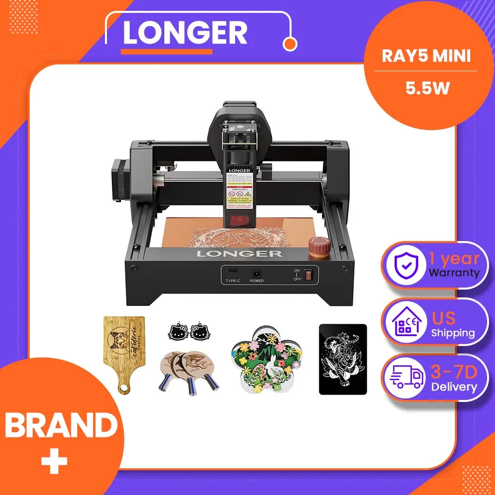 LONGER RAY5 Mini 5.5W Precision 0.08×0.08mm Ultra-Fine Laser Spot Engraver & Cutter with 5.5W Power, 12,000mm/min Speed, 0.01mm Height Accuracy, Wi-Fi/USB/APP Connectivity, Safety Shield, Emergency Stop, 130×130mm Work Area, Aluminum Alloy Frame