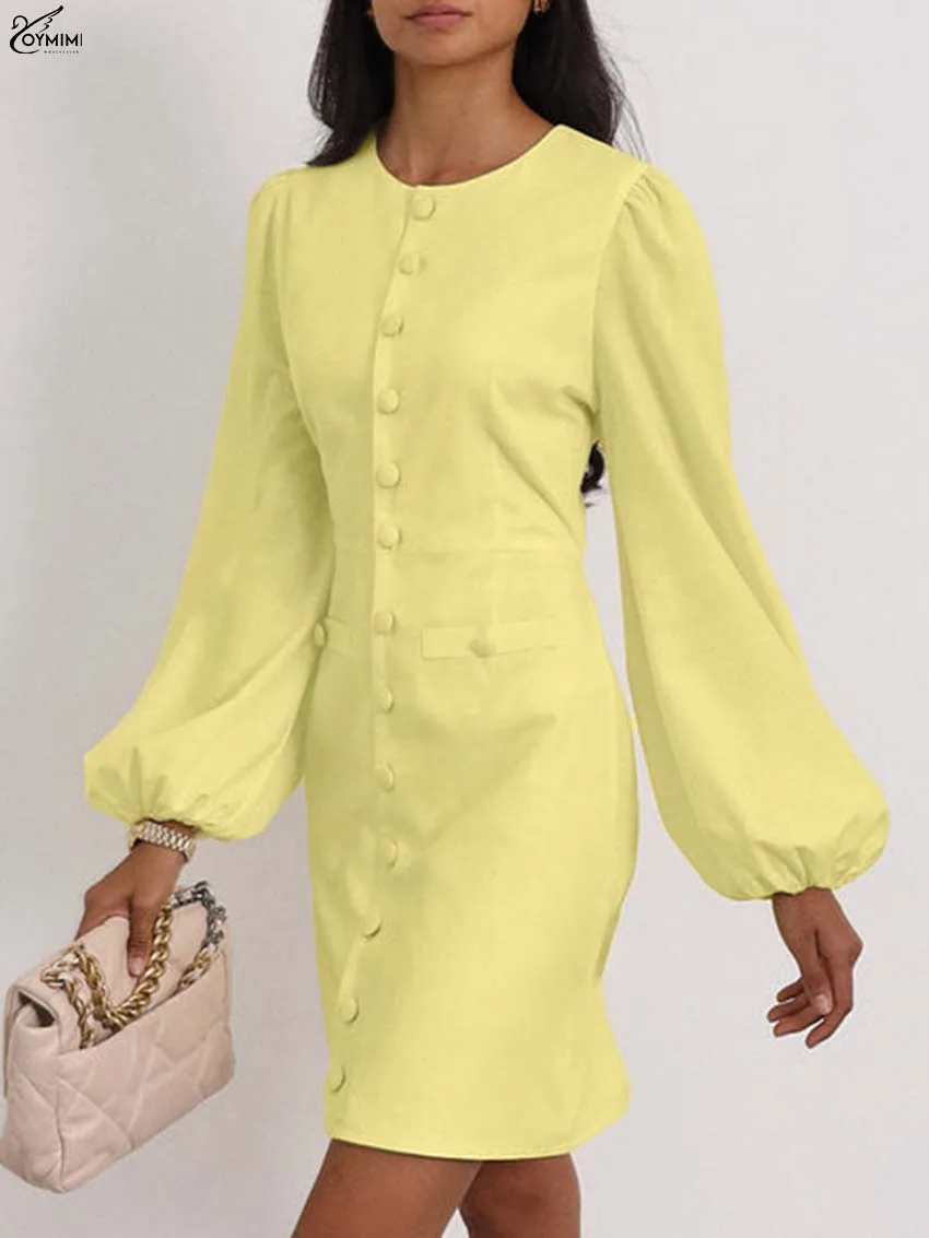 

Oymimi Elegant Yellow Cotton Womens Dresses Fashion O-Neck Long Sleeve Single Breasted Dress Casual Pockets Straight Mini Dress