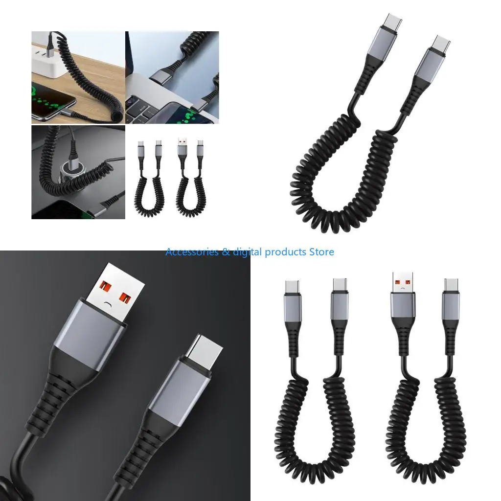 77JD USB to USB C Coiled Cable Fast Charging Retractable Cord Fast Charging Cable Spring Designs Cable for Phone Tablet