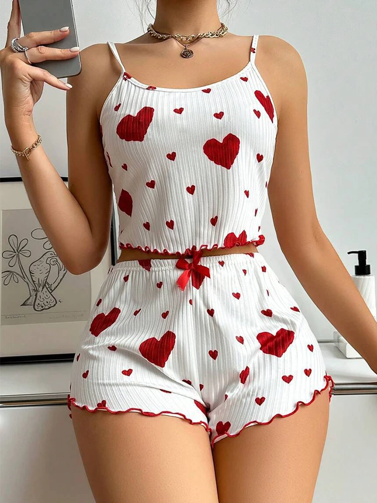 New Summer Women Pijama Heart Print Camisole With Shorts Casual Lovely Nightie Homewear Sleepwear Comfotable Stripe Pajamas Set