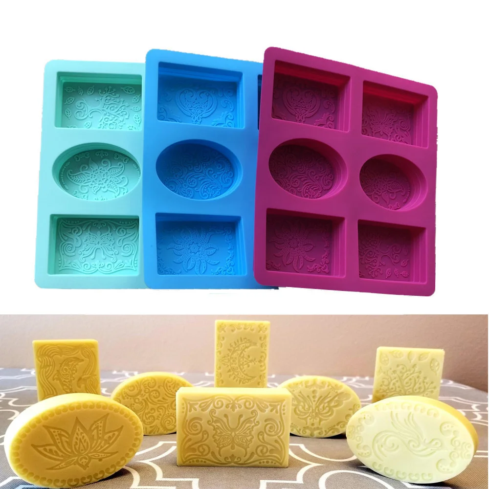 6 Holes Silicone Soap Mold Rectangular Oval Flower Pattern Candle Making Tool Chocolate Form Resin Craft Home Decor Supplies