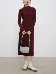 ZIQIAO Petite Size Ankela Red Fake Two Piece Dress for Women 2024 Winter New Half High Collar Waist A-line Dress 24ZQ94422